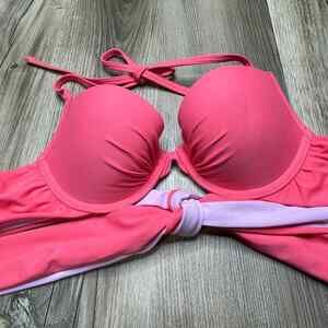 Aerie Bikini Top Womens 32C Brooke Pink Halter Top Padded Swimsuit Ladies Wired